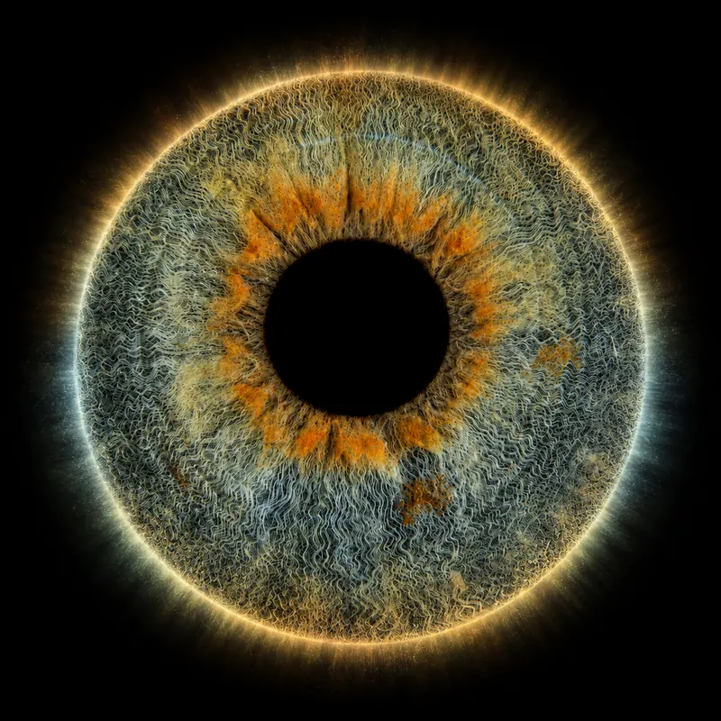 Graublaue Iris mit orangem Kranz, der Rand leuchtet warm wie ein Ring aus Licht