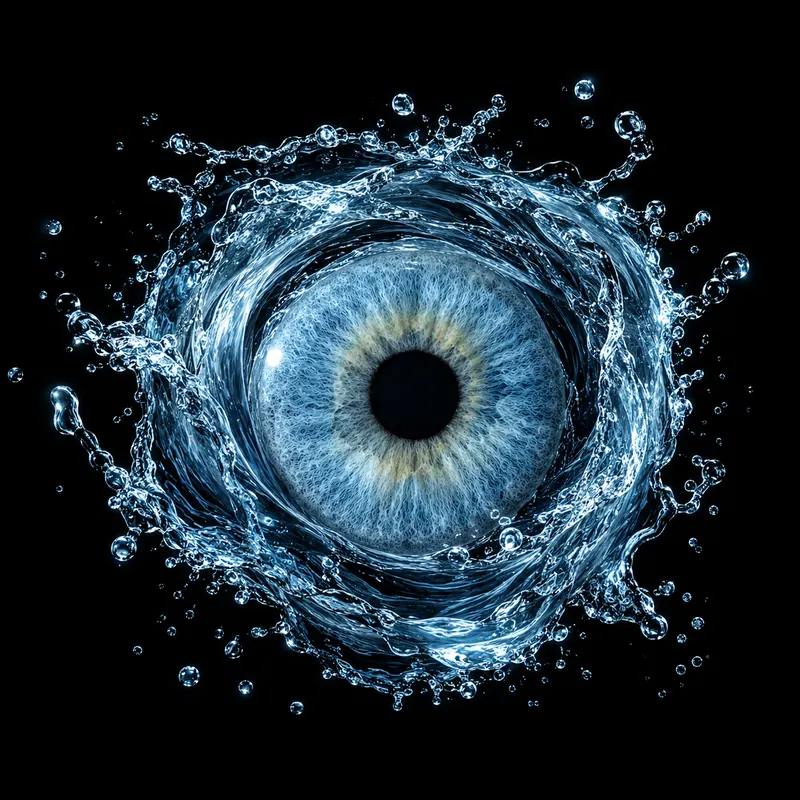 Blaue Iris, umgeben von einem Ring aus spritzendem Wasser